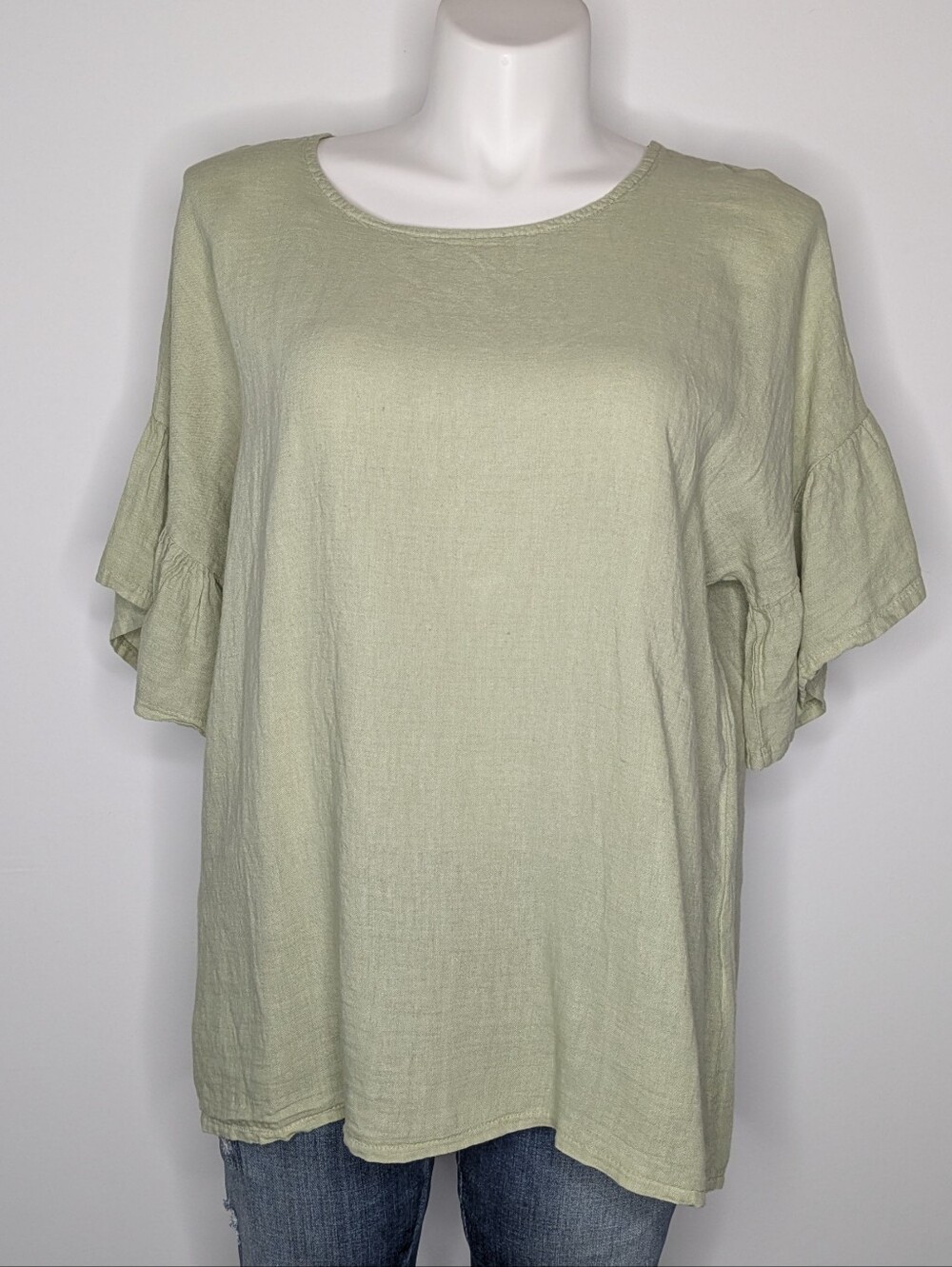 Elena Baldi Green Short Ruffle Sleeve Linen Blouse 1X